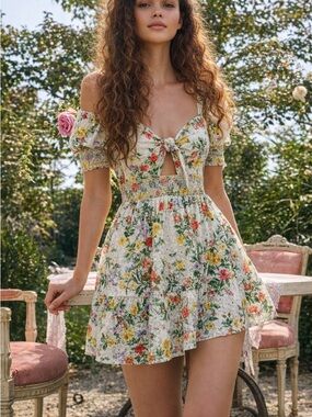 ALICE + OLIVIA Puff Sleeve Sweetheart Mini Dress | Floral Butterfly Eyelet 10